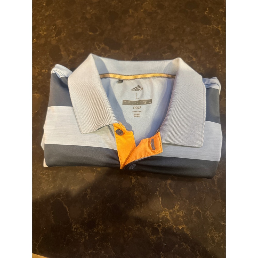 Adidas Golf Mens Polo Shirt Large Blue Navy Striped Short Sleeve Orange Logo